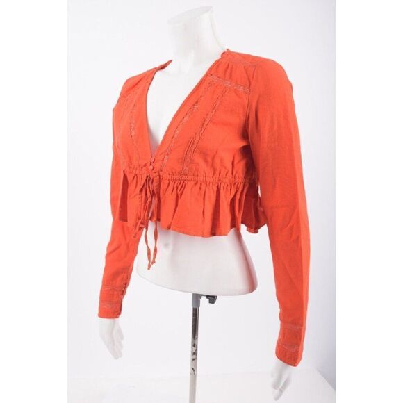 Zara Womens Cropped Top Shirt Lace Ruffle XS Red Linen Long Sleeve 0881/414 NWT - Picture 4 of 5